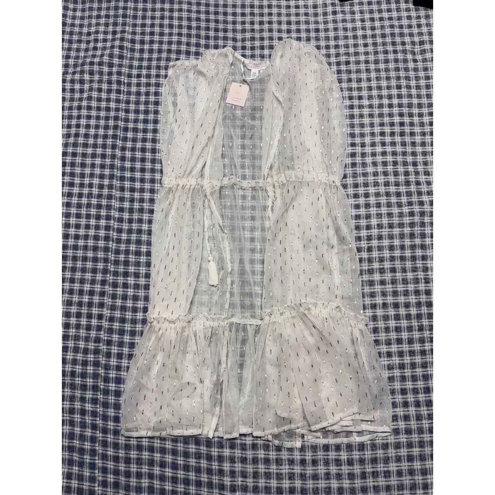 Lauren Conrad Ivory Gold Metallic Clip Dot Sheer Kimono Wrap Cover Up One Size